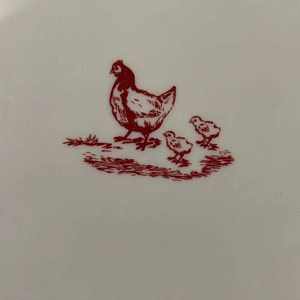 Country Living White with Red Trim Chicken and Chicks 11” Plate Hens and Chicks